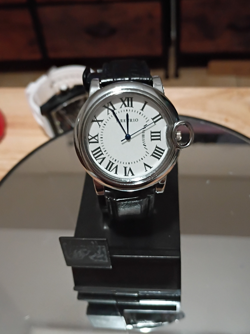 Classic Round White Dial Watch with Black Leather Strap